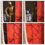 EXTERIOR: TATOOINE -- MOS EISLEY STREET. The droids are hiding in a storage bin, waiting for the return of Luke and Old Ben. Threepio is worriedly keeping watch for them when he sees something that makes him jump back. THREEPIO: "Lock the door, Artoo." The locker closes. #starwars #anhwt #toyshelf